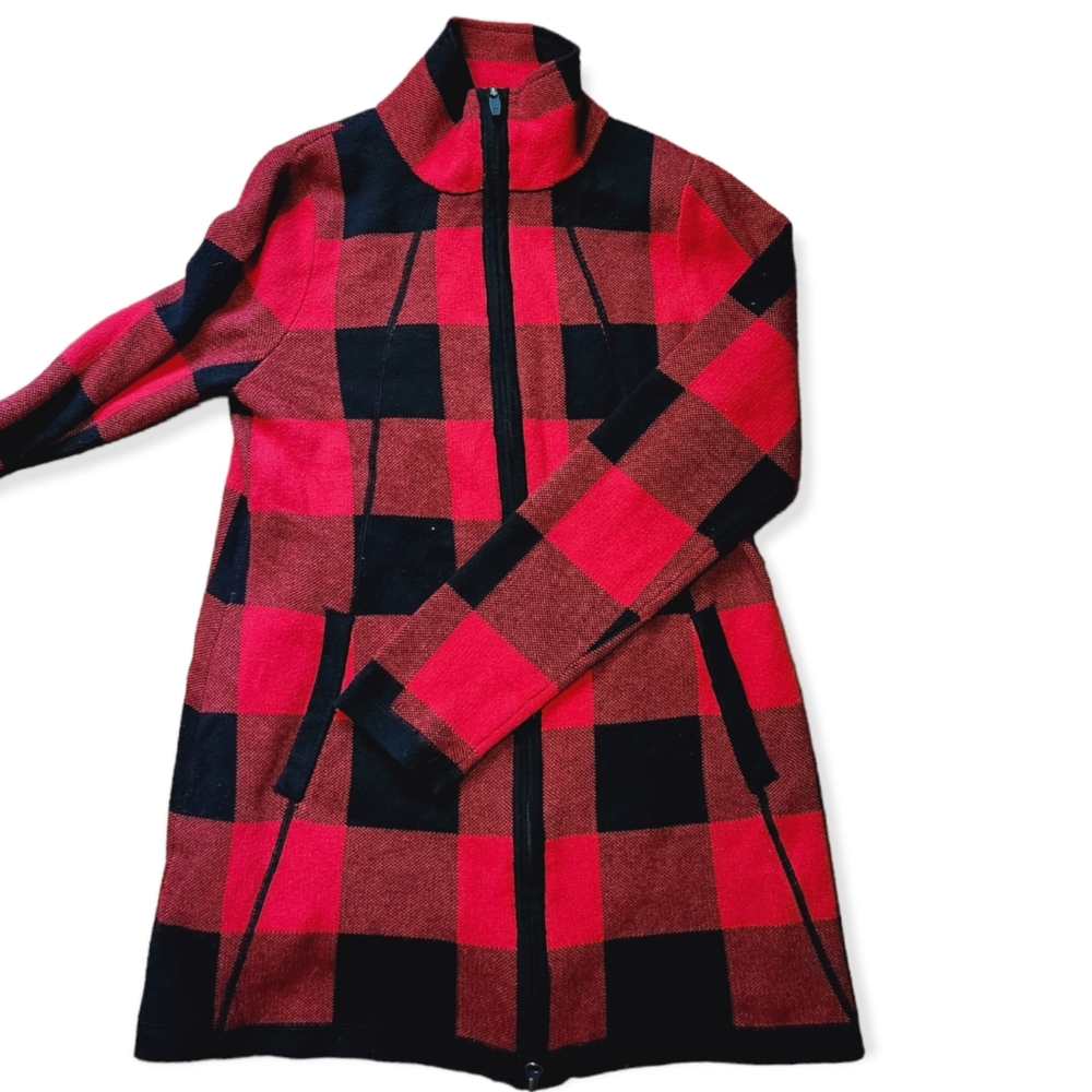 ❤️》Adrienne Vittadini Red Flannel Plaud Zip Up Longsleeve Sweater Size Medium